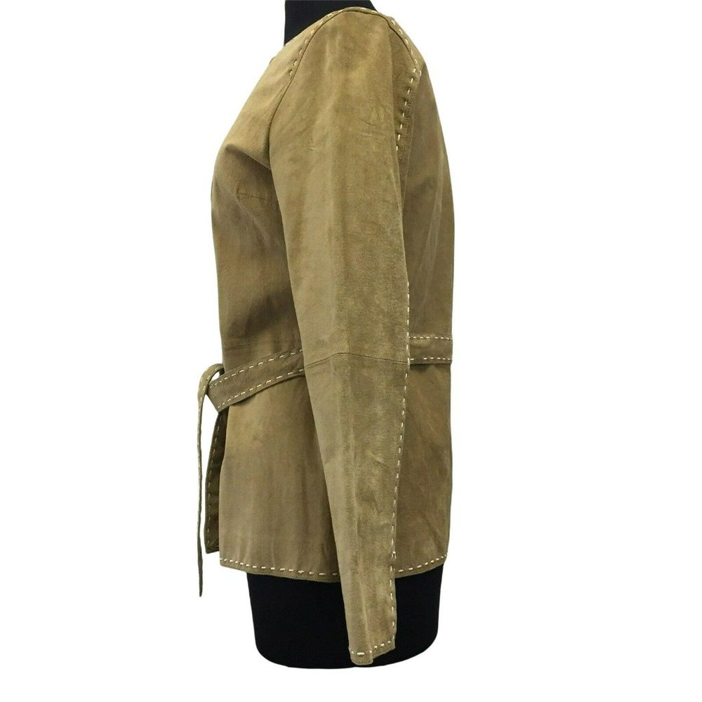 INC Coat M Brown Tan Genuine Leather Belted Boho Womens - Picture 6 of 12